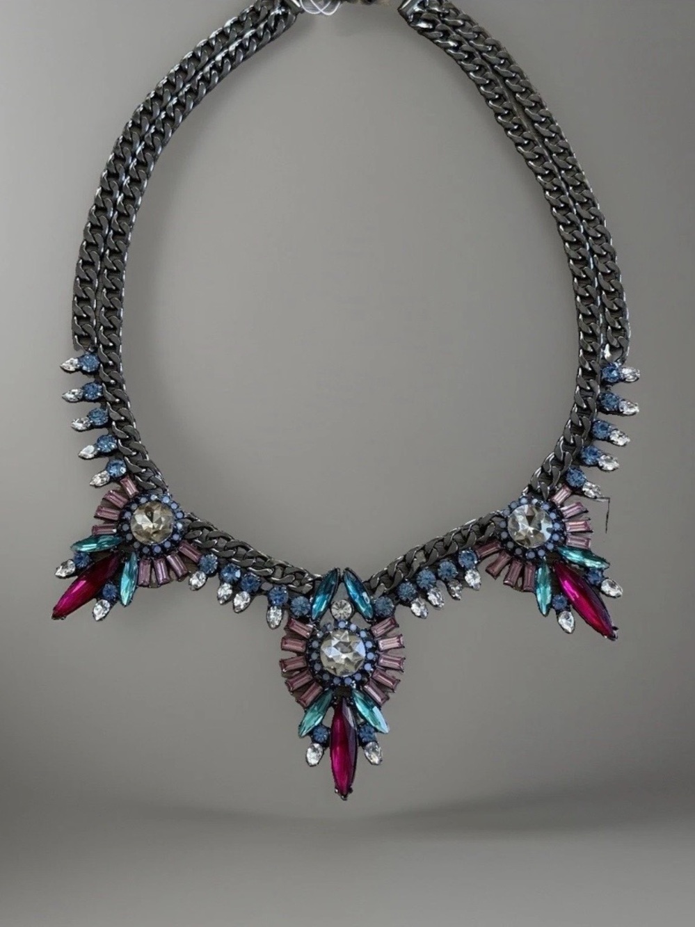 NEW Crystal Statement Necklace Gemma Layne Gunmetal Tone Multicolor Curb Chain